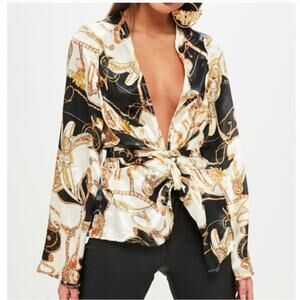 NWT Missguided Womens Satin Chain Print Wrap Top Blouse 6 Baroque NEW
